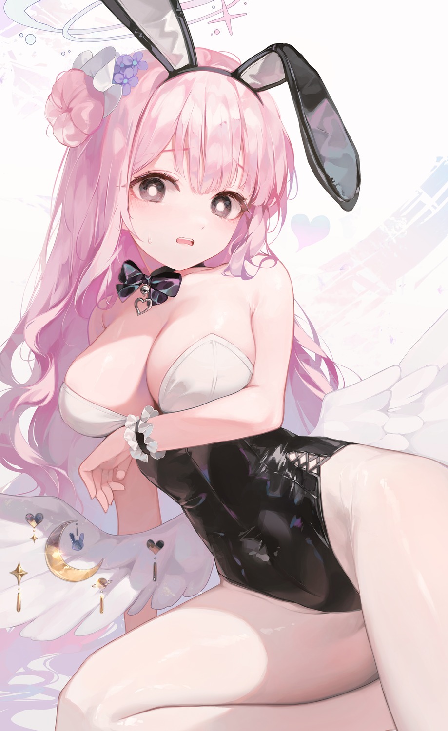 angel animal_ears blue_archive breast_hold bunny_ears bunny_girl jenil misono_mika no_bra pantyhose wings