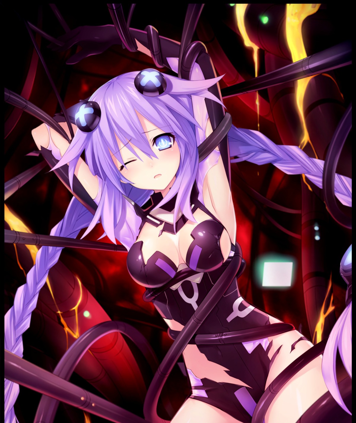 bodysuit bondage choujigen_game_neptune cleavage no_bra purple_heart torn_clothes tsunako