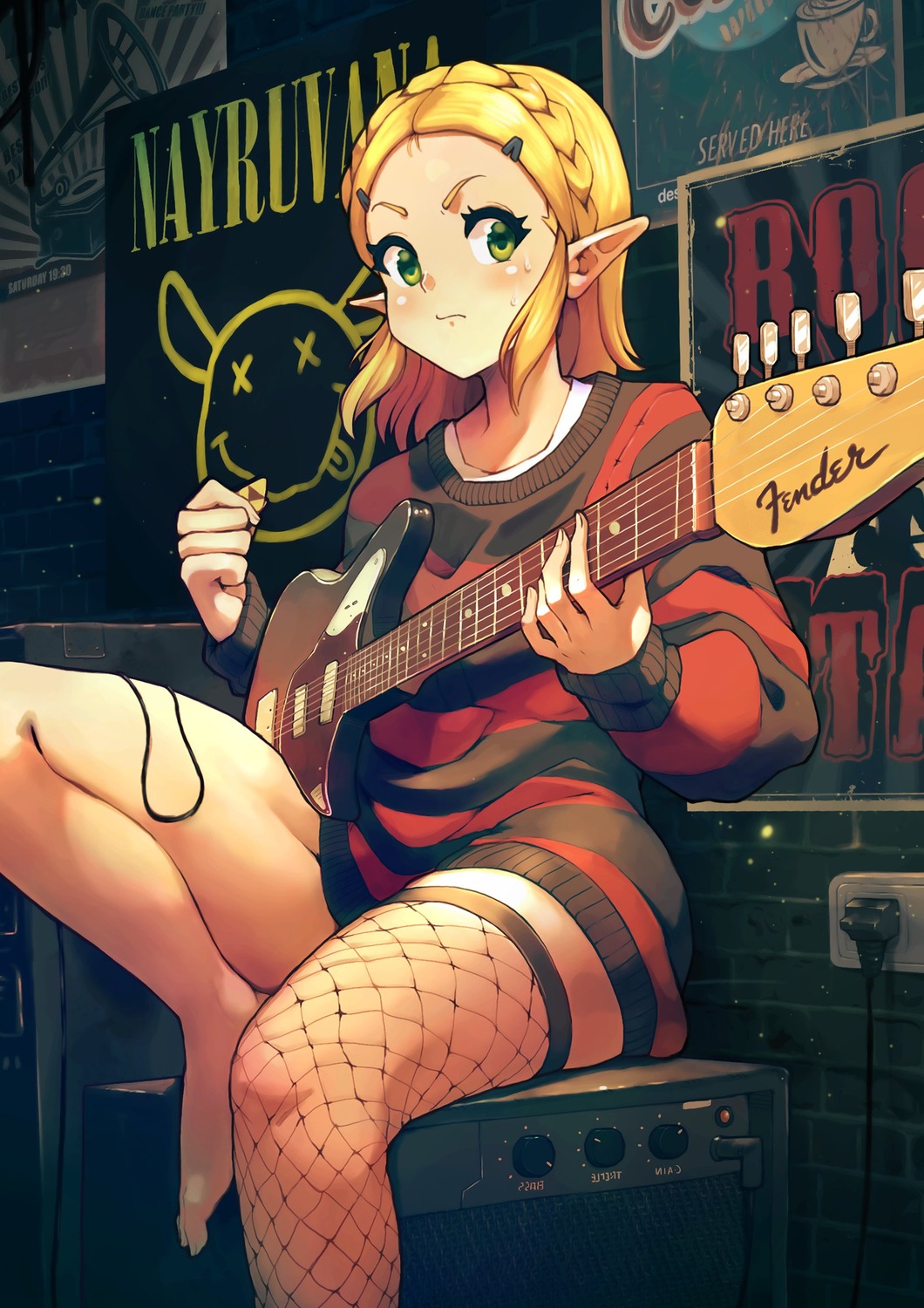 babusgames dress fishnets guitar pointy_ears princess_zelda sweater the_legend_of_zelda thighhighs