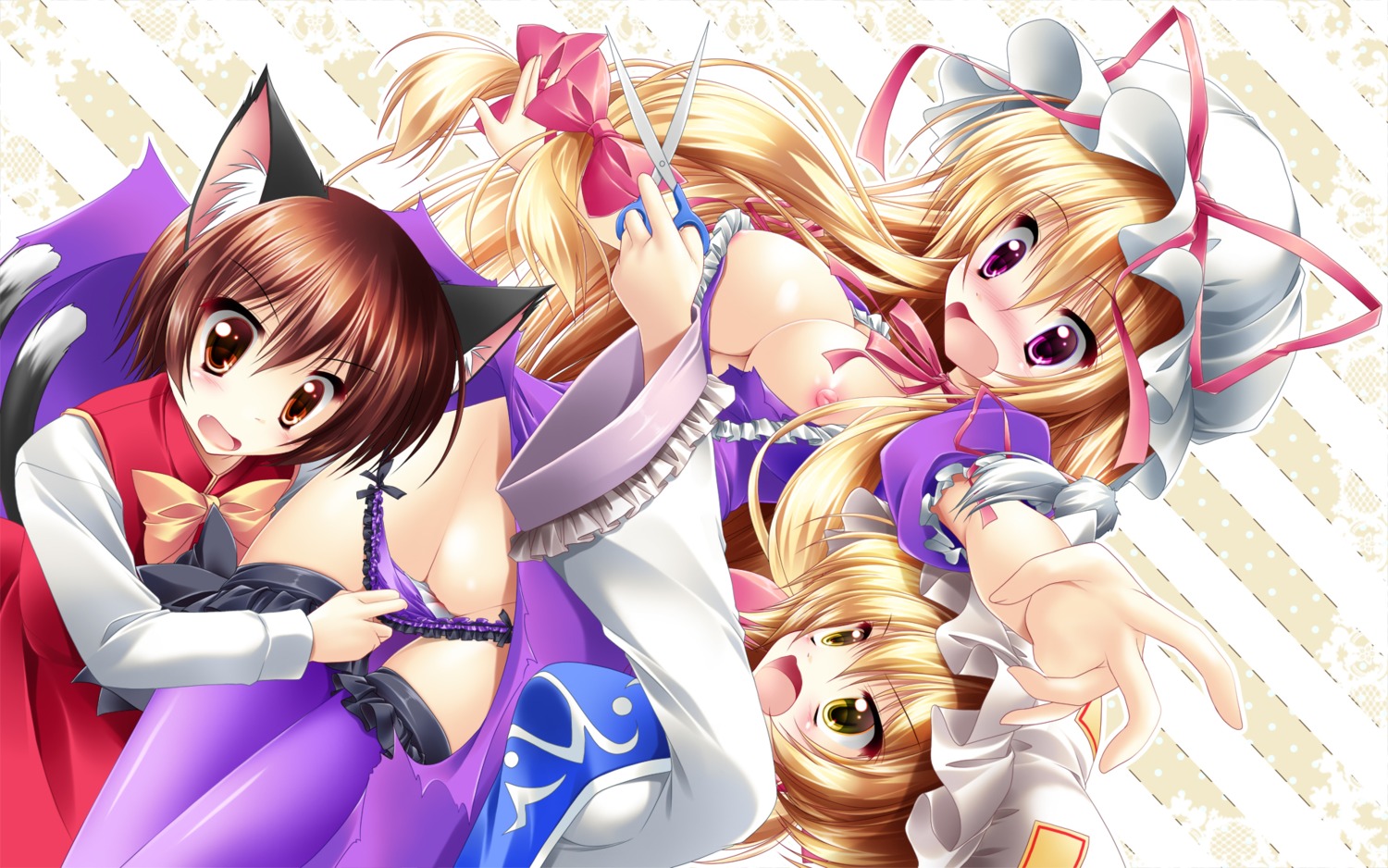 animal_ears breasts chen kamiya_tomoe nekomimi nipples pantsu panty_pull thighhighs touhou wallpaper yakumo_ran yakumo_yukari