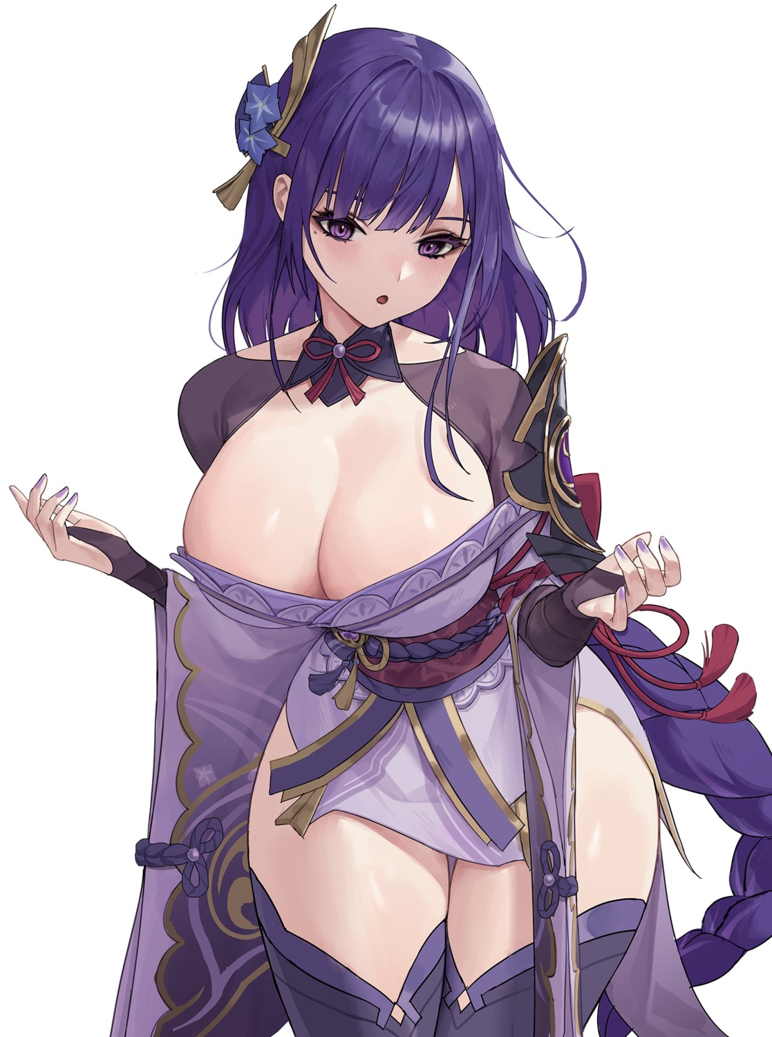 armor genshin_impact japanese_clothes kou_(kokounene) no_bra open_shirt raiden_shogun thighhighs