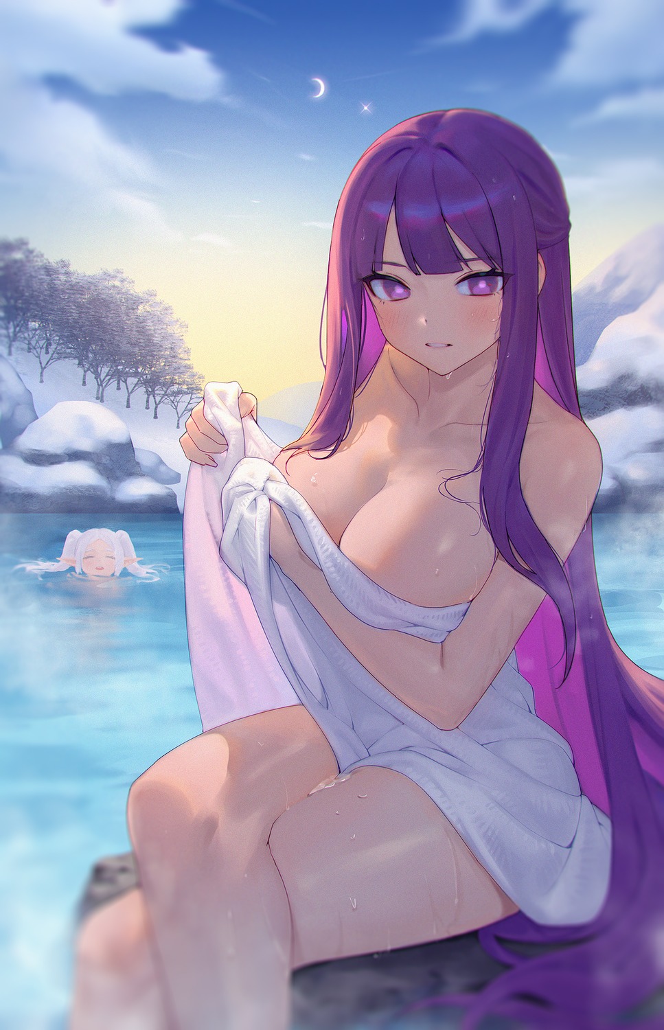 bathing breast_hold elf fern frieren naked onsen pointy_ears siun sousou_no_frieren towel wet