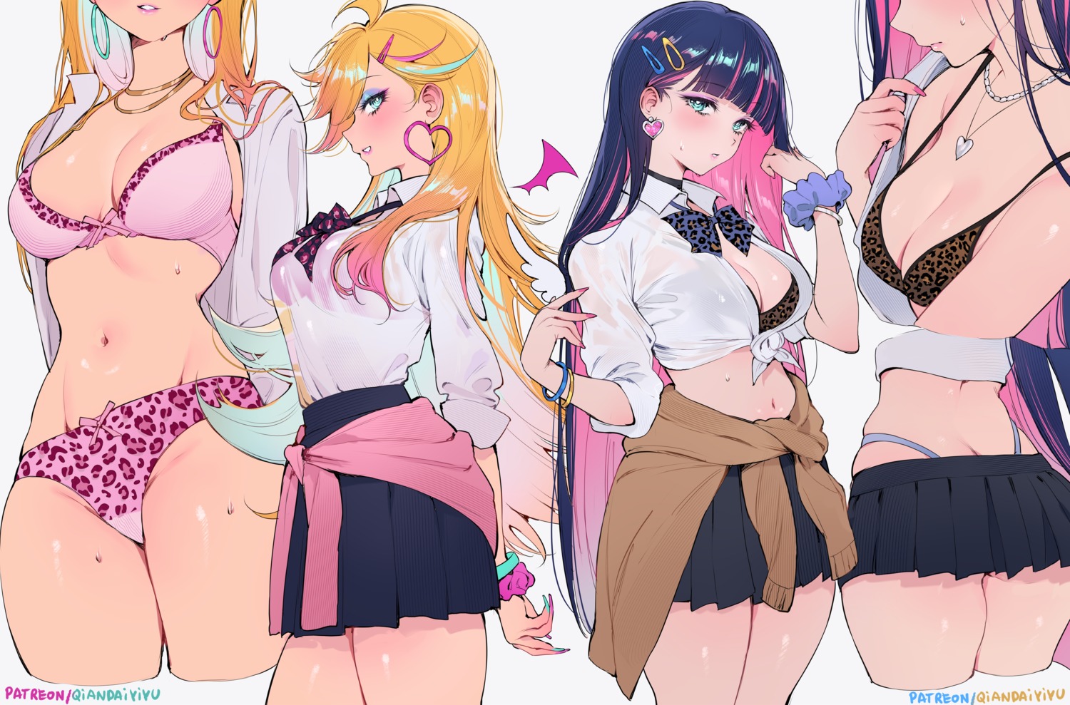 bra open_shirt pantsu panty panty_&_stocking_with_garterbelt qiandaiyiyu see_through seifuku stocking sweater undressing wet wet_clothes wings
