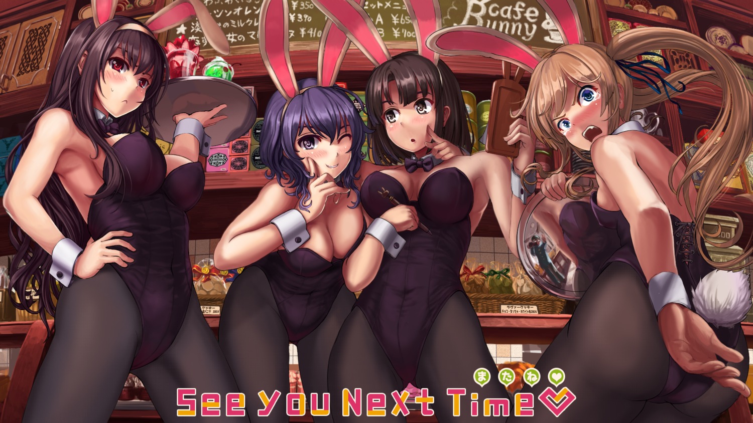 animal_ears ass bunny_ears bunny_girl cleavage fujimori_(non_faciem) hyoudou_michiru kasumigaoka_utaha katou_megumi pantyhose saenai_heroine_no_sodatekata sawamura_spencer_eriri tail wallpaper