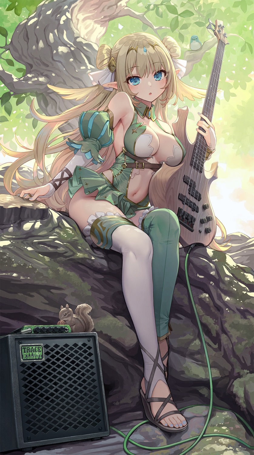 elf guitar kurobuta_gekkan no_bra pointy_ears thighhighs