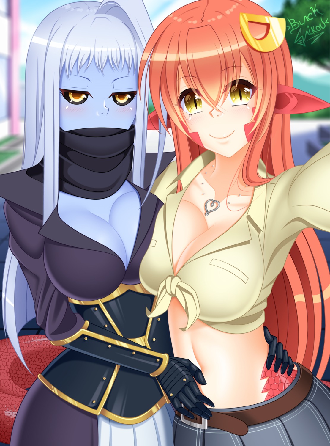 armor blacksaikou cleavage lala_(monster_musume) miia_(monster_musume) monster_girl monster_musume_no_iru_nichijou no_bra open_shirt pointy_ears selfie tail