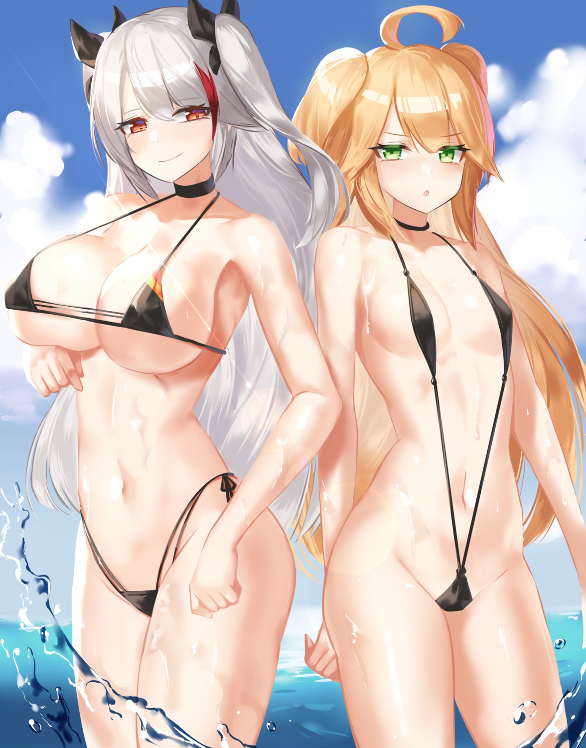 admiral_hipper_(azur_lane) azur_lane bikini breast_hold erect_nipples moroes prinz_eugen_(azur_lane) sling_bikini swimsuits wet