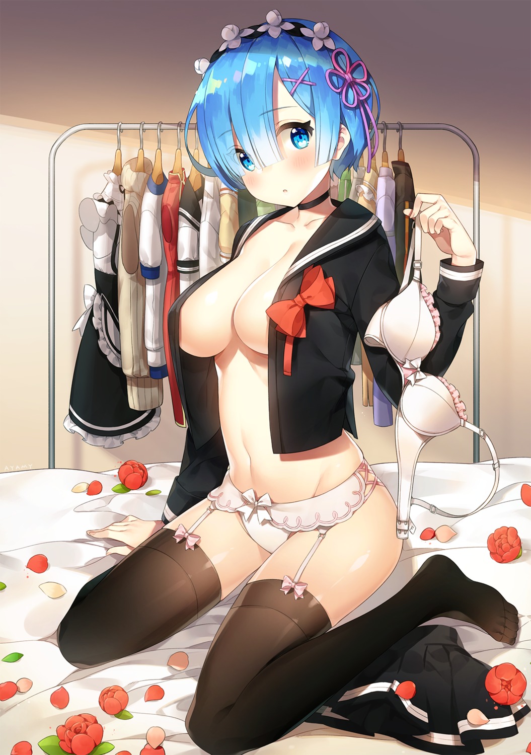 ayamy bra no_bra open_shirt pantsu re_zero_kara_hajimeru_isekai_seikatsu rem_(re_zero) seifuku stockings thighhighs