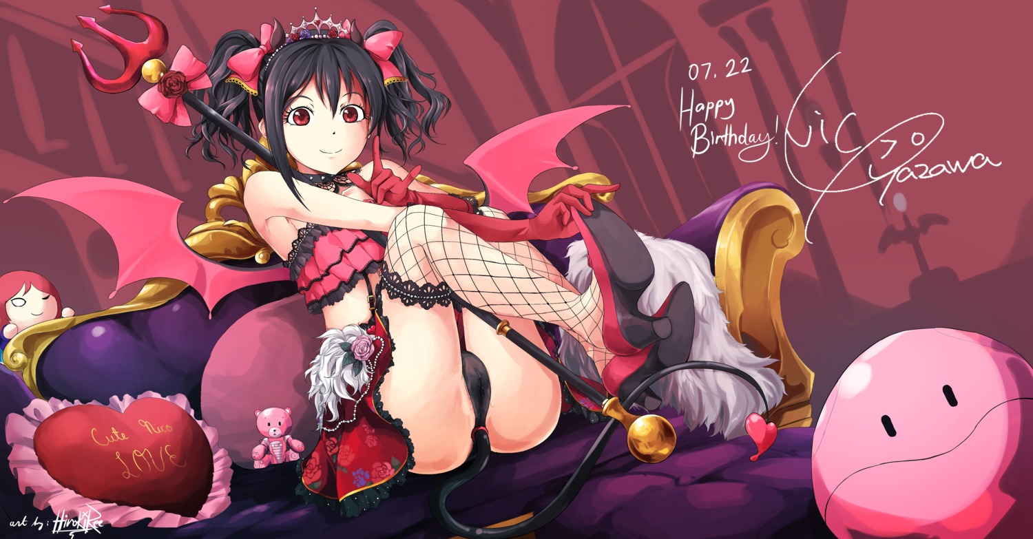 cameltoe fishnets heels hiroki_ree horns love_live! pantsu tail thighhighs weapon wings yazawa_nico