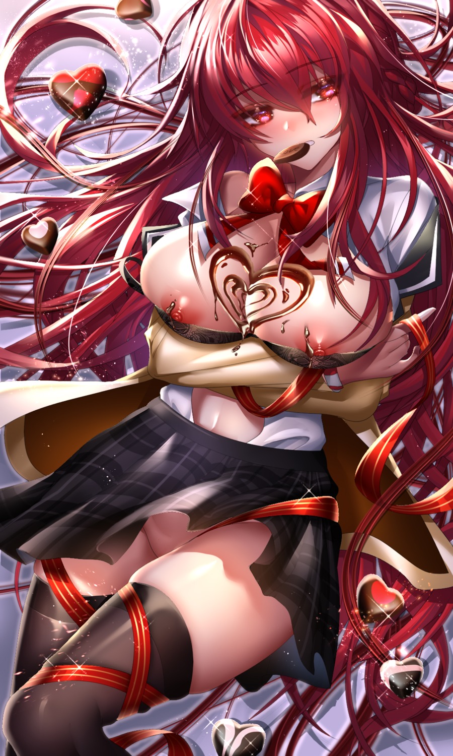 been bra breast_hold breasts cream elesis elsword nipples nopan open_shirt seifuku skirt_lift thighhighs valentine