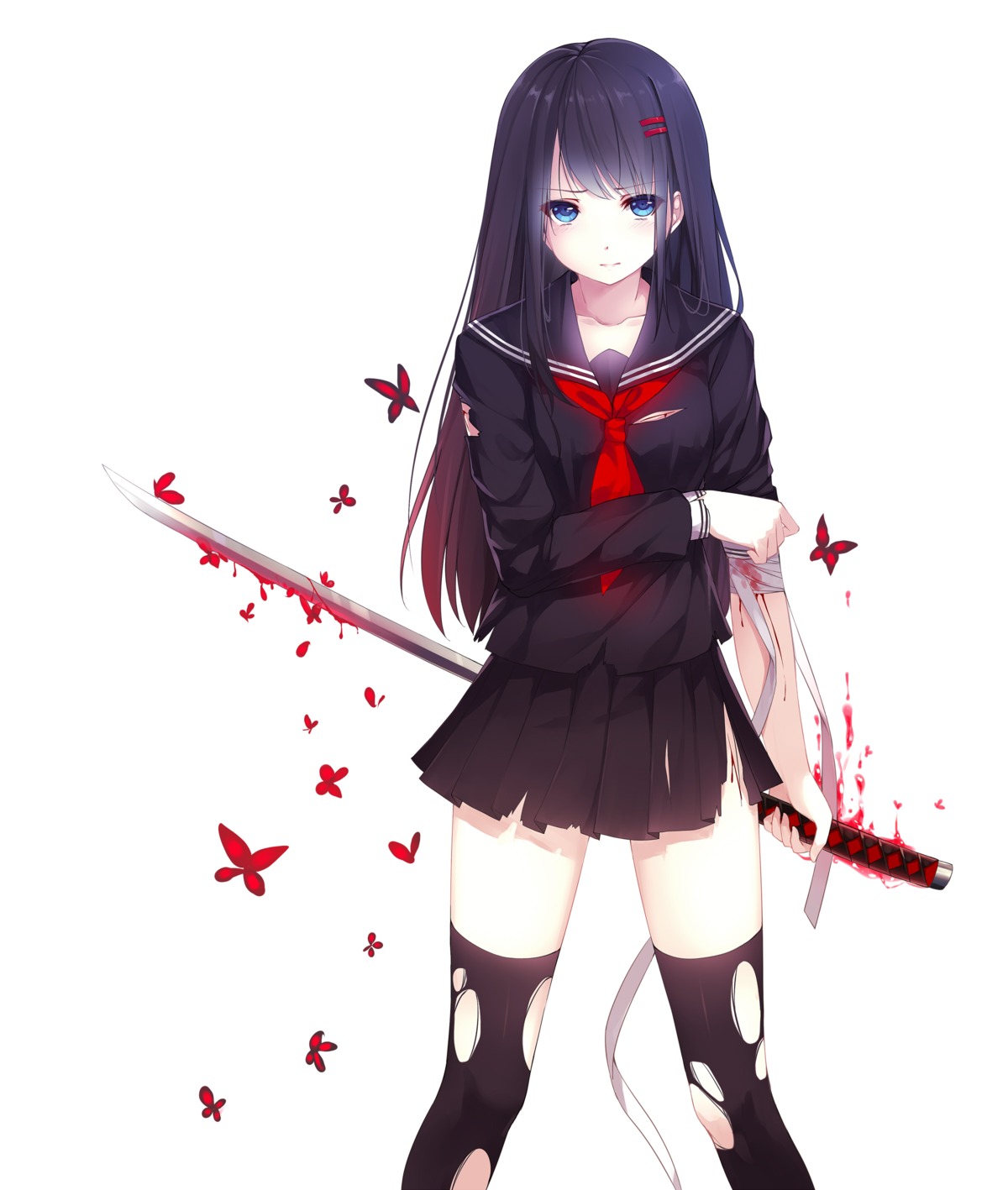 bandages blood caidychen seifuku sword thighhighs torn_clothes