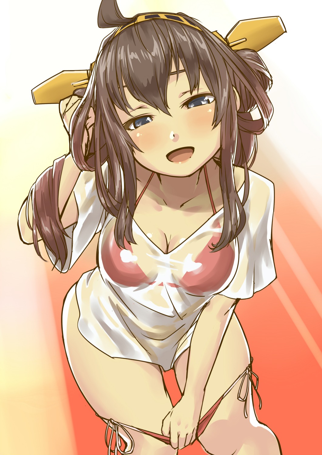 bikini cleavage kantai_collection kongou_(kancolle) nekotama1987 panty_pull see_through swimsuits undressing wet_clothes