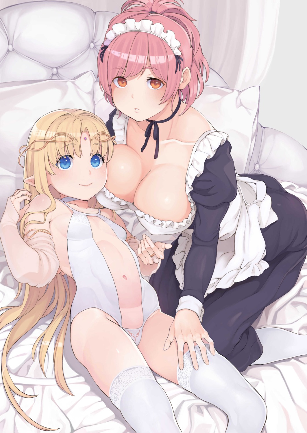 cleavage leotard loli maid no_bra pointy_ears satetsu thighhighs