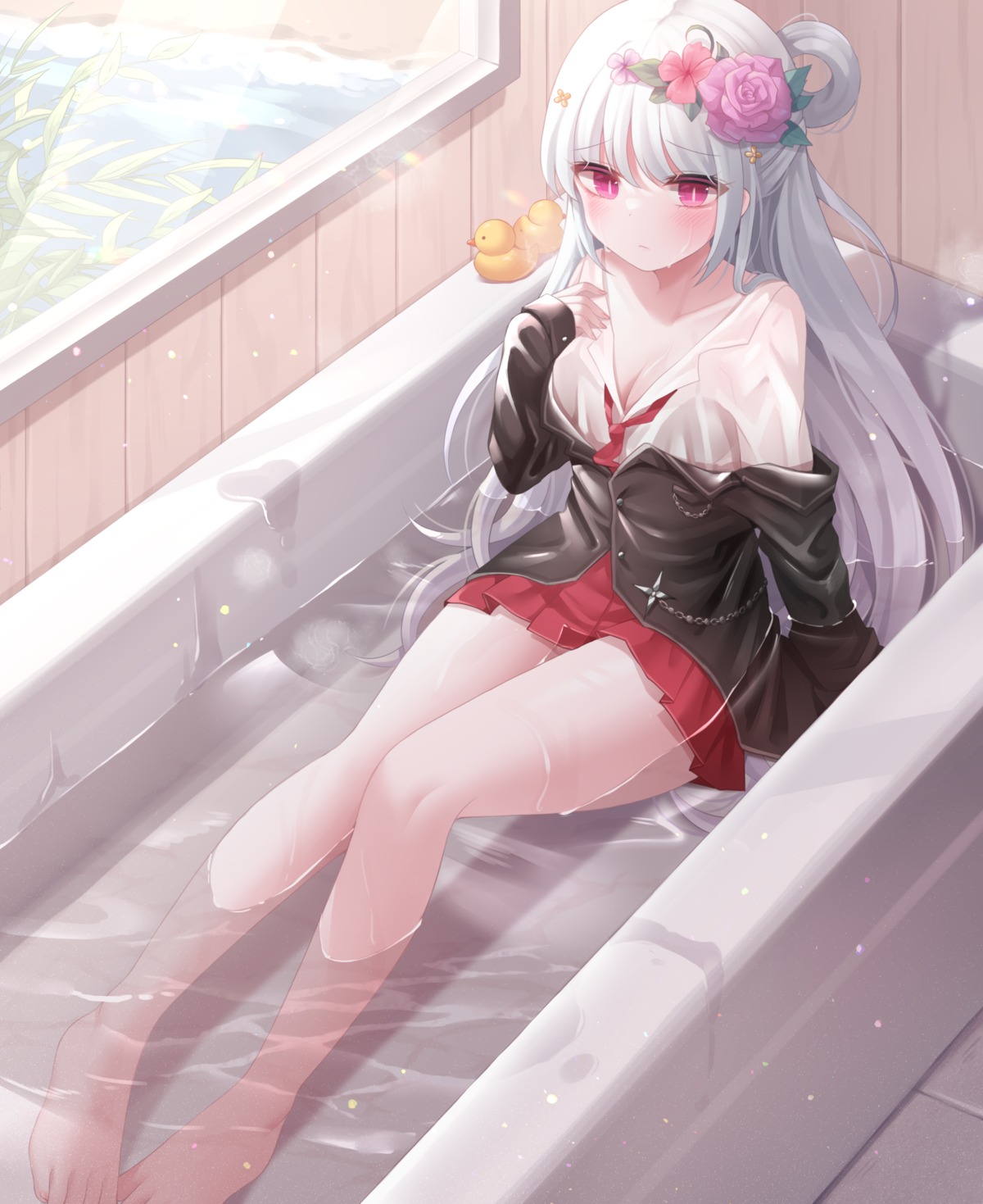 bathing cleavage honyang see_through seifuku wet wet_clothes