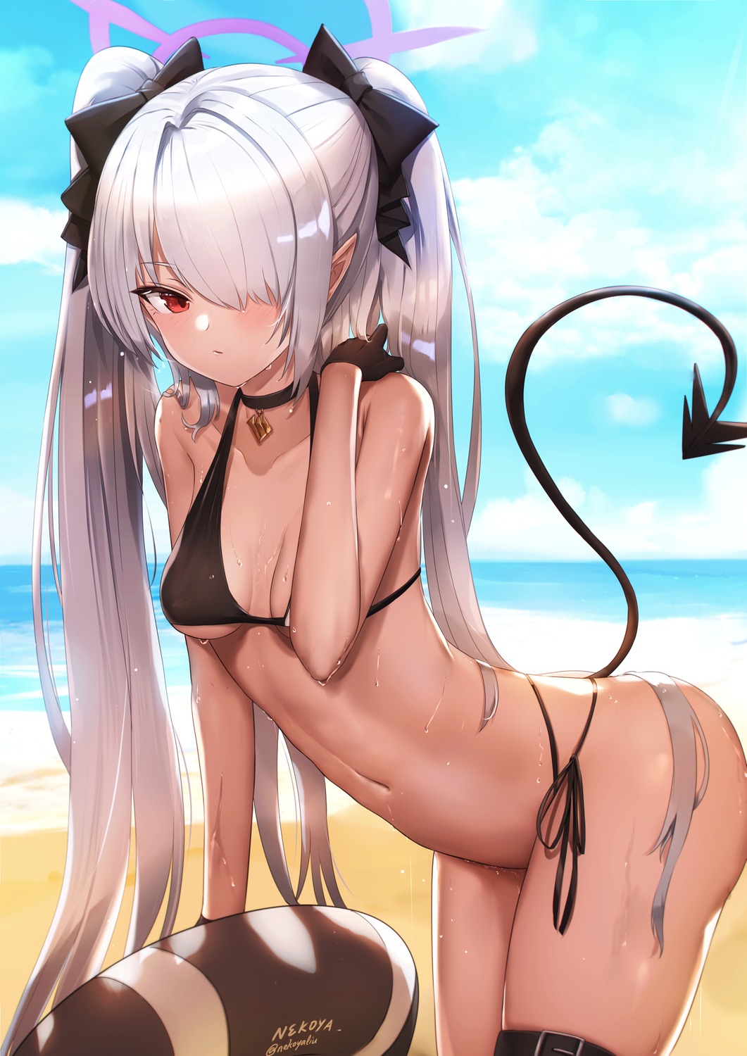 bikini blue_archive garter halo nekoya_(liu) pointy_ears shiromi_iori swimsuits tail wet