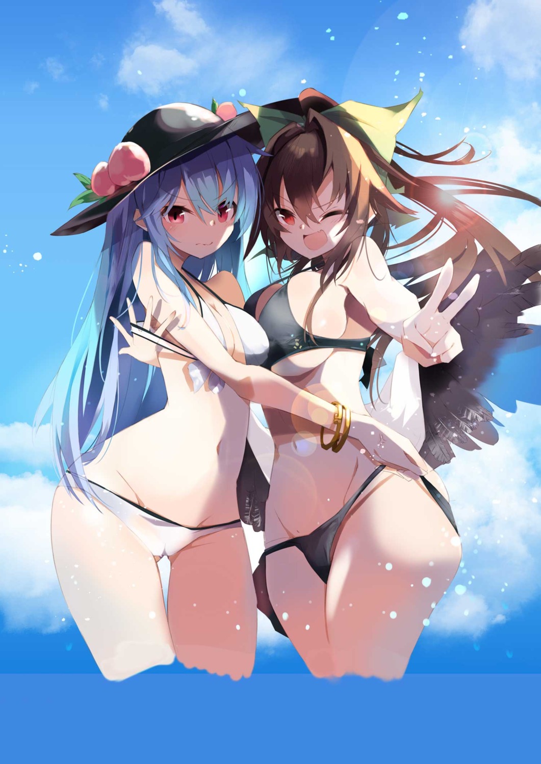 bikini cameltoe cleavage hinanawi_tenshi panty_pull reiuji_utsuho see_through swimsuits tetsurou_(fe+) touhou underboob undressing wet wings