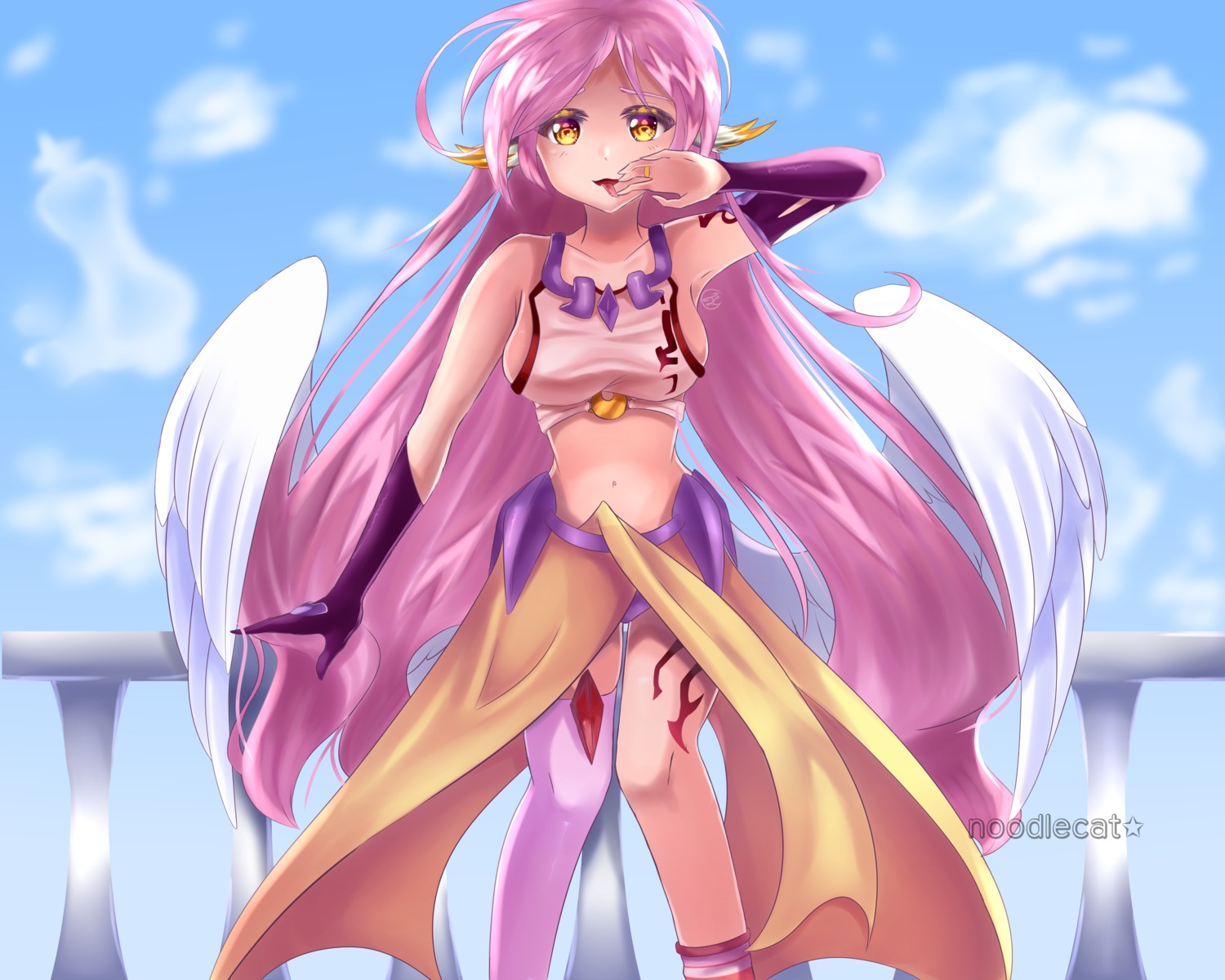 angel animal_ears jibril_(no_game_no_life) no_bra no_game_no_life no_game_no_life_desu! no_game_no_life_zero noodlecat tattoo thighhighs wings