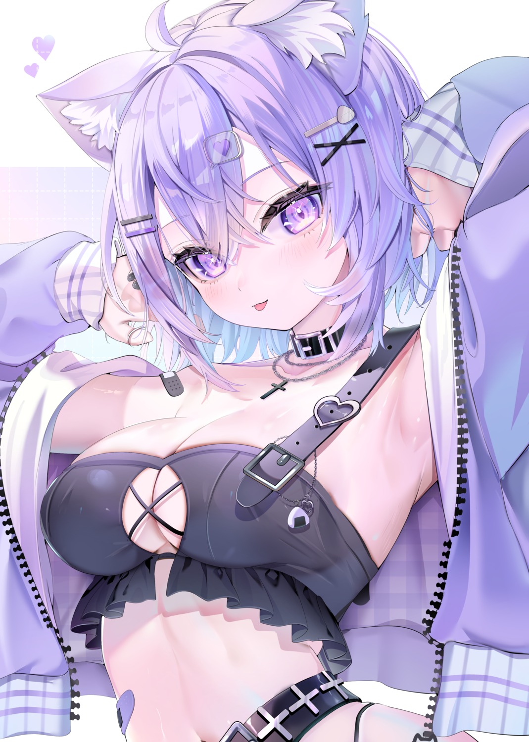 animal_ears bandaid hololive hololive_gamers nekomata_okayu nekomimi no_bra piyokuma