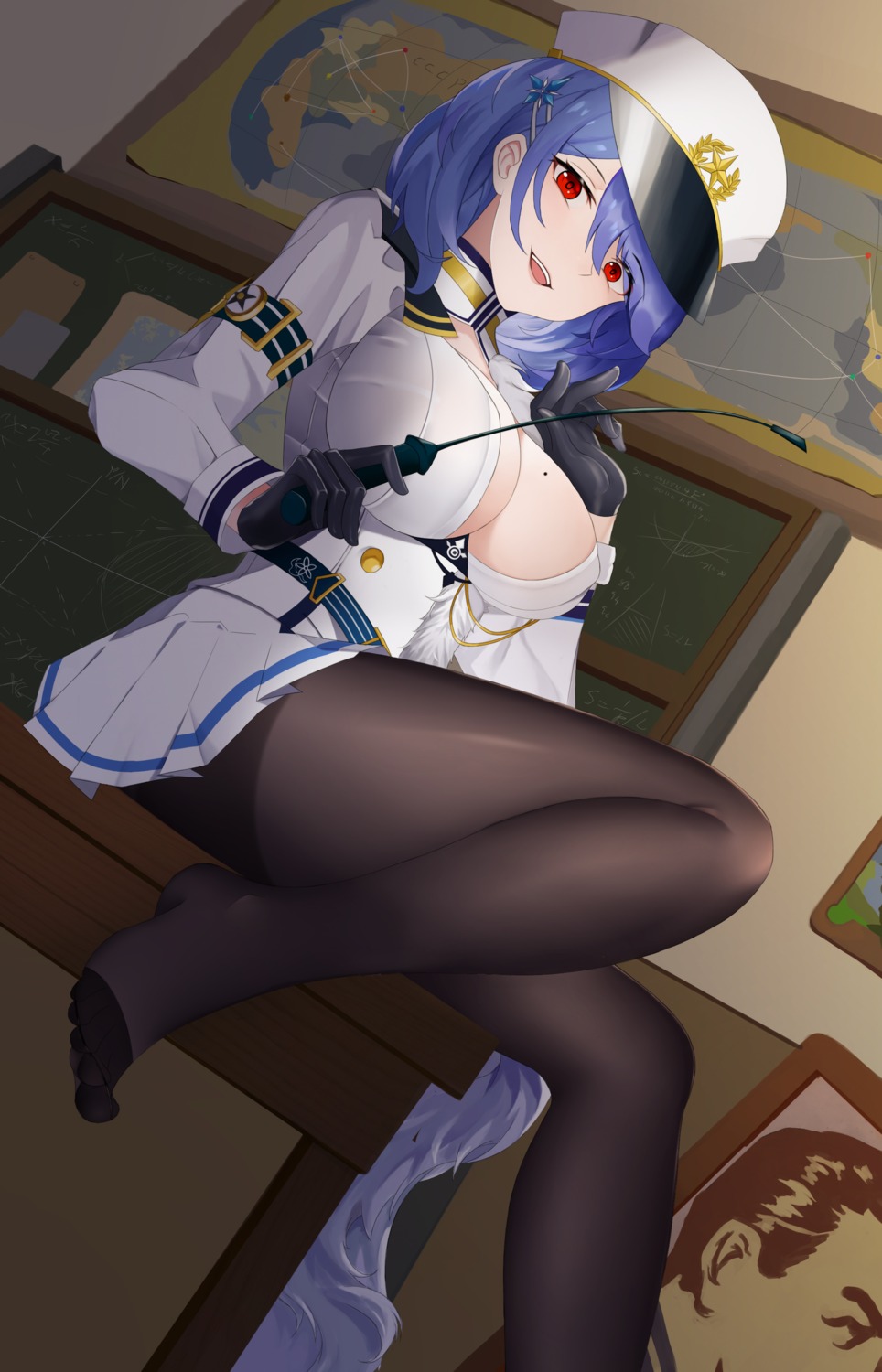 1163186334 azur_lane chapayev_(azur_lane) feet no_bra open_shirt pantyhose skirt_lift uniform weapon