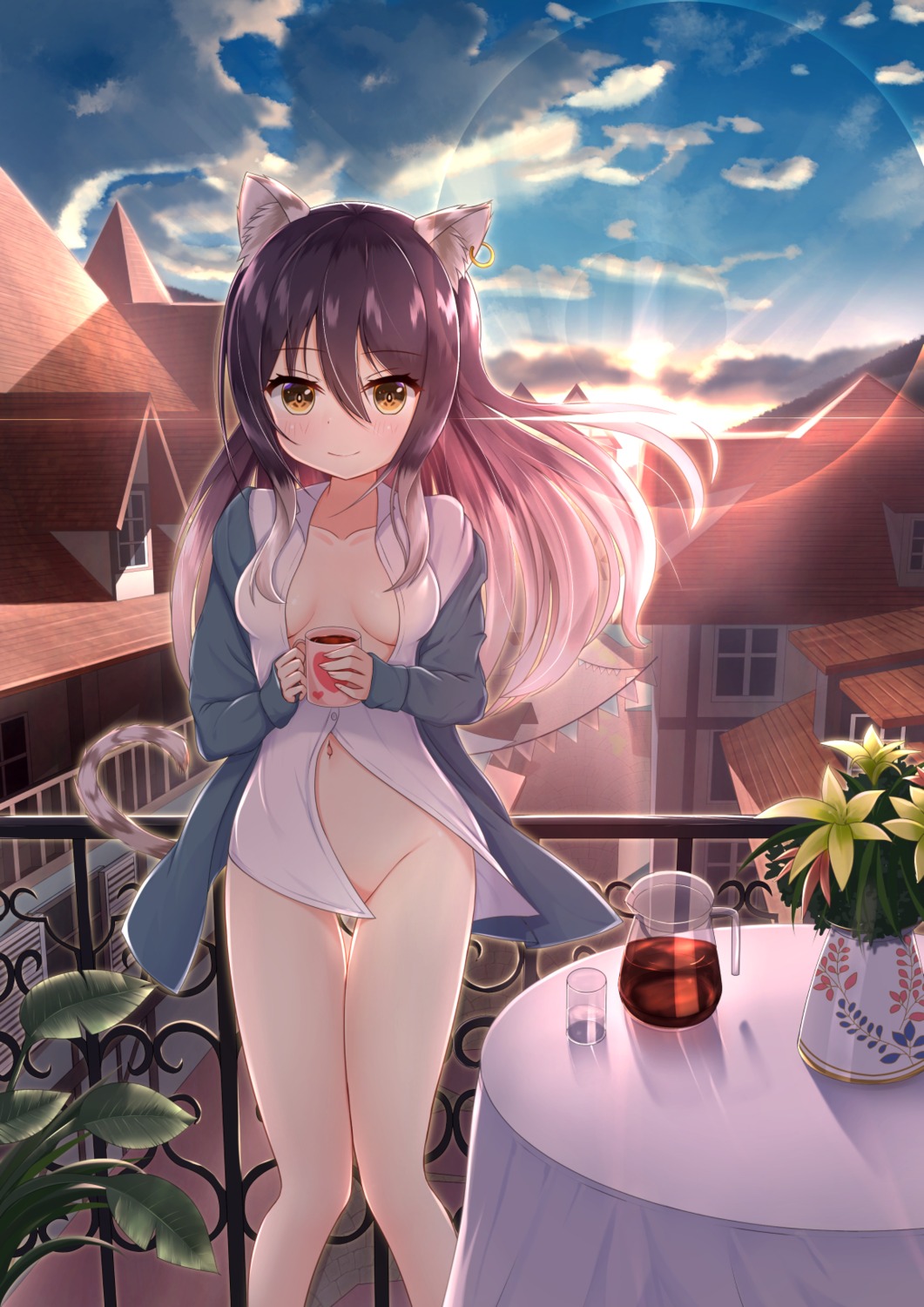 animal_ears bottomless dress_shirt kashiwazaki_shiori nc731 no_bra nopan open_shirt princess_connect princess_connect!_re:dive tail