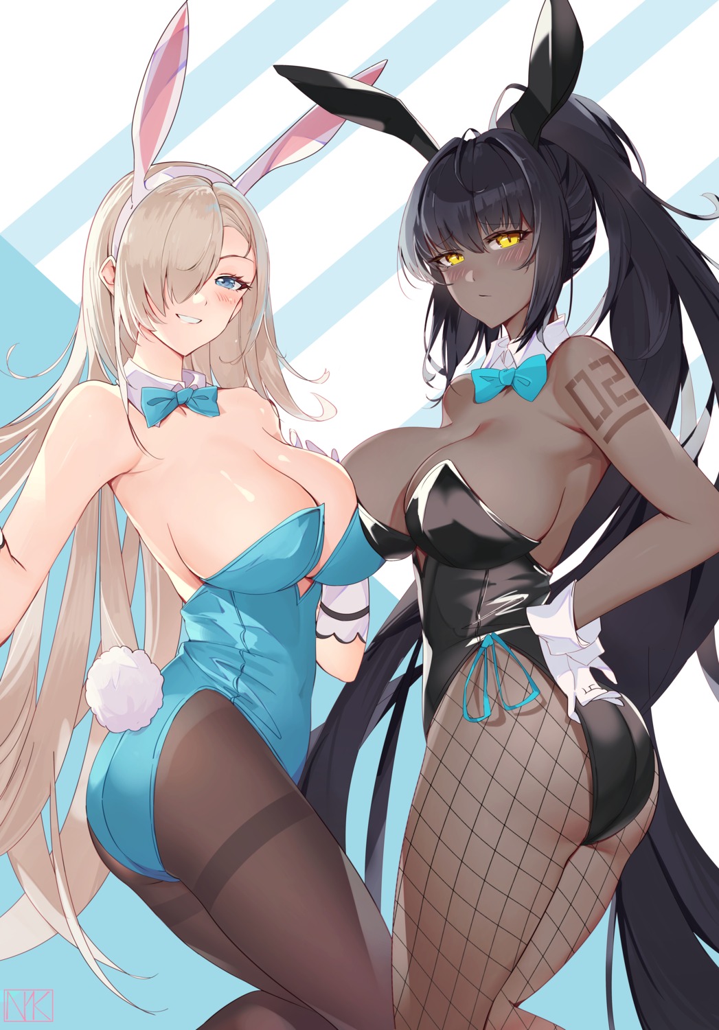 animal_ears ass blue_archive bunny_ears fishnets ichinose_asuna kakudate_karin nayuko_(wuyou_nayuko) no_bra pantyhose tail tattoo