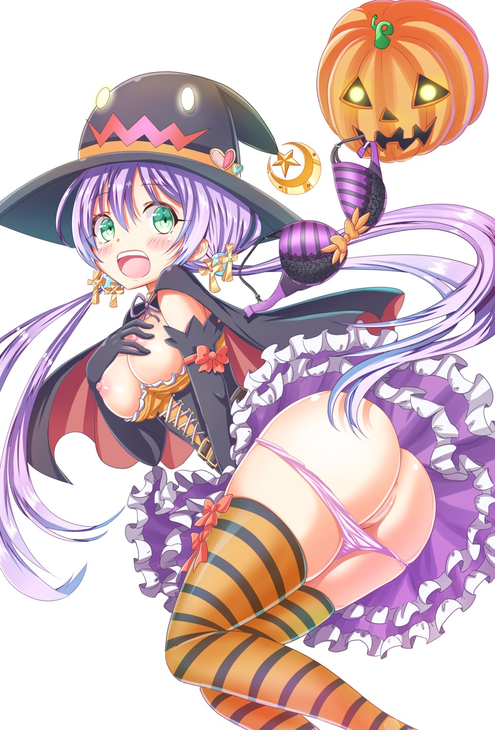 anus ass bra breast_hold breasts halloween nipples no_bra open_shirt pantsu panty_pull pussy tenzeru thighhighs wardrobe_malfunction witch