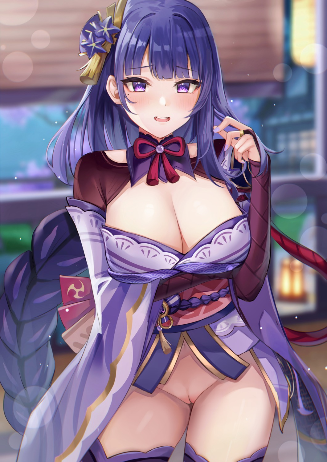 breast_hold eric_(tianqijiang) genshin_impact japanese_clothes no_bra nopan pussy raiden_shogun thighhighs uncensored