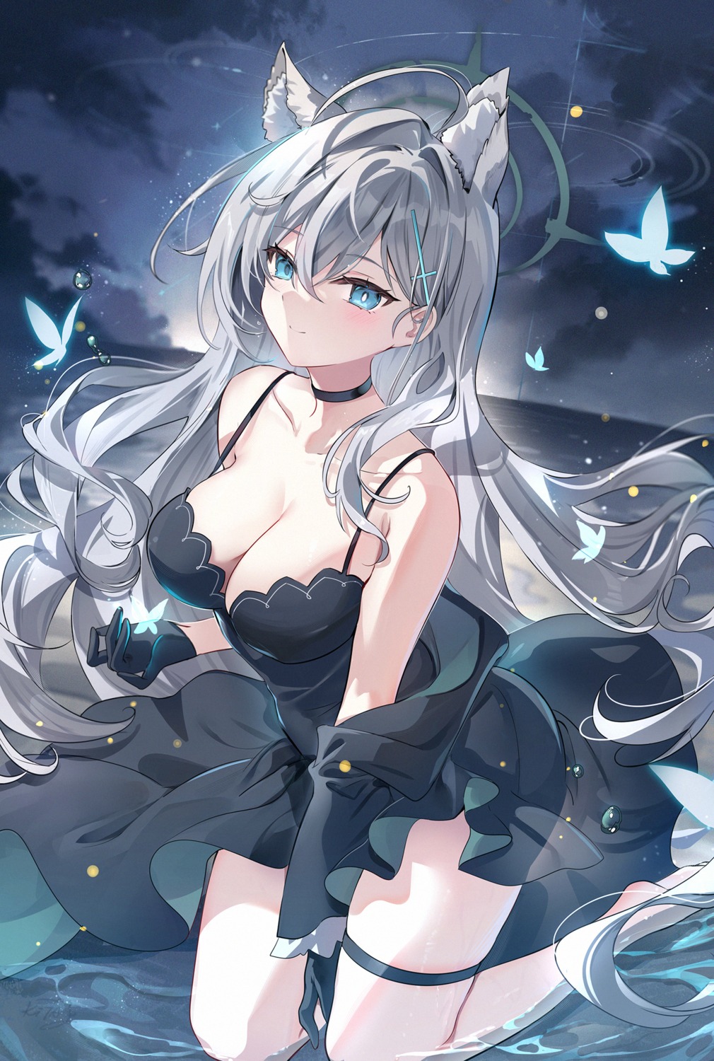 animal_ears blue_archive dress garter halo kita_(kitairoha) nekomimi shiroko_terror skirt_lift sunaookami_shiroko wet