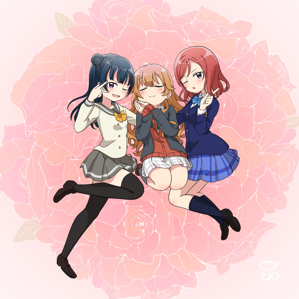 crossover homaru konoe_kanata love_live! love_live!_nijigasaki_high_school_idol_club love_live!_sunshine!! nishikino_maki seifuku sweater thighhighs tsushima_yoshiko