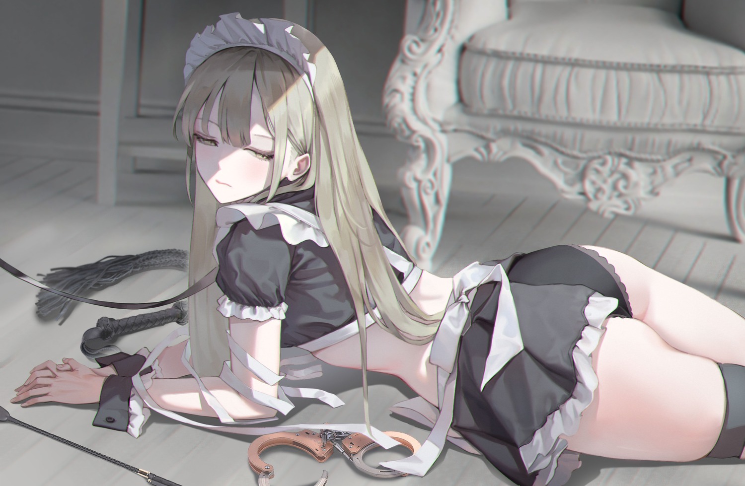 ass bandages bbul_horn garter maid pantsu skirt_lift weapon