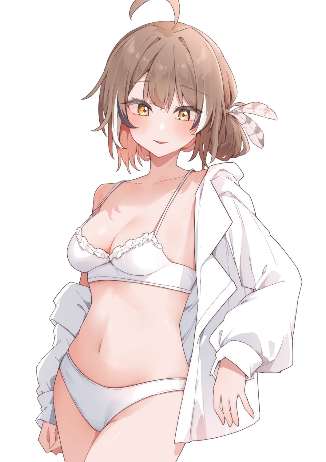 airenif bra hololive hololive_english nanashi_mumei open_shirt pantsu