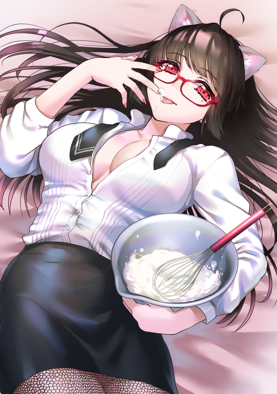 abe_hikaru animal_ears cleavage cream fishnets megane no_bra open_shirt