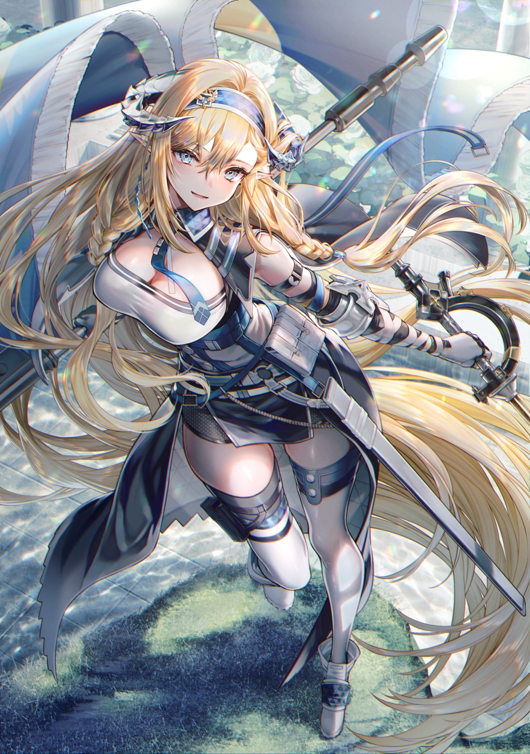 arknights garter horns pointy_ears saileach_(arknights) sanbabasanba sword thighhighs weapon