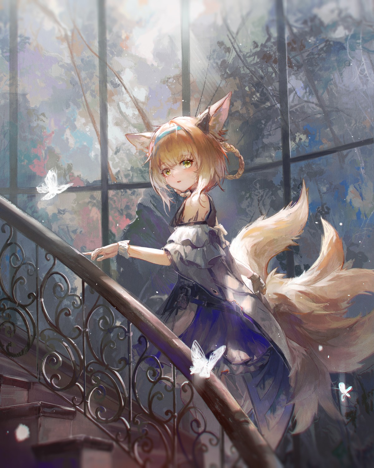 animal_ears arknights daylightallure dress kitsune suzuran_(arknights) tail