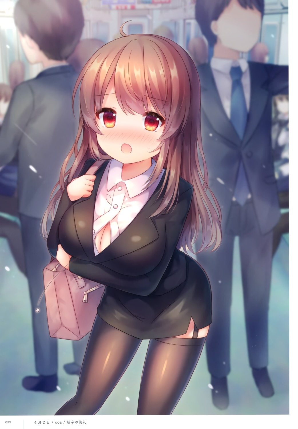 breast_hold business_suit cleavage coa dress_shirt open_shirt stockings thighhighs wardrobe_malfunction