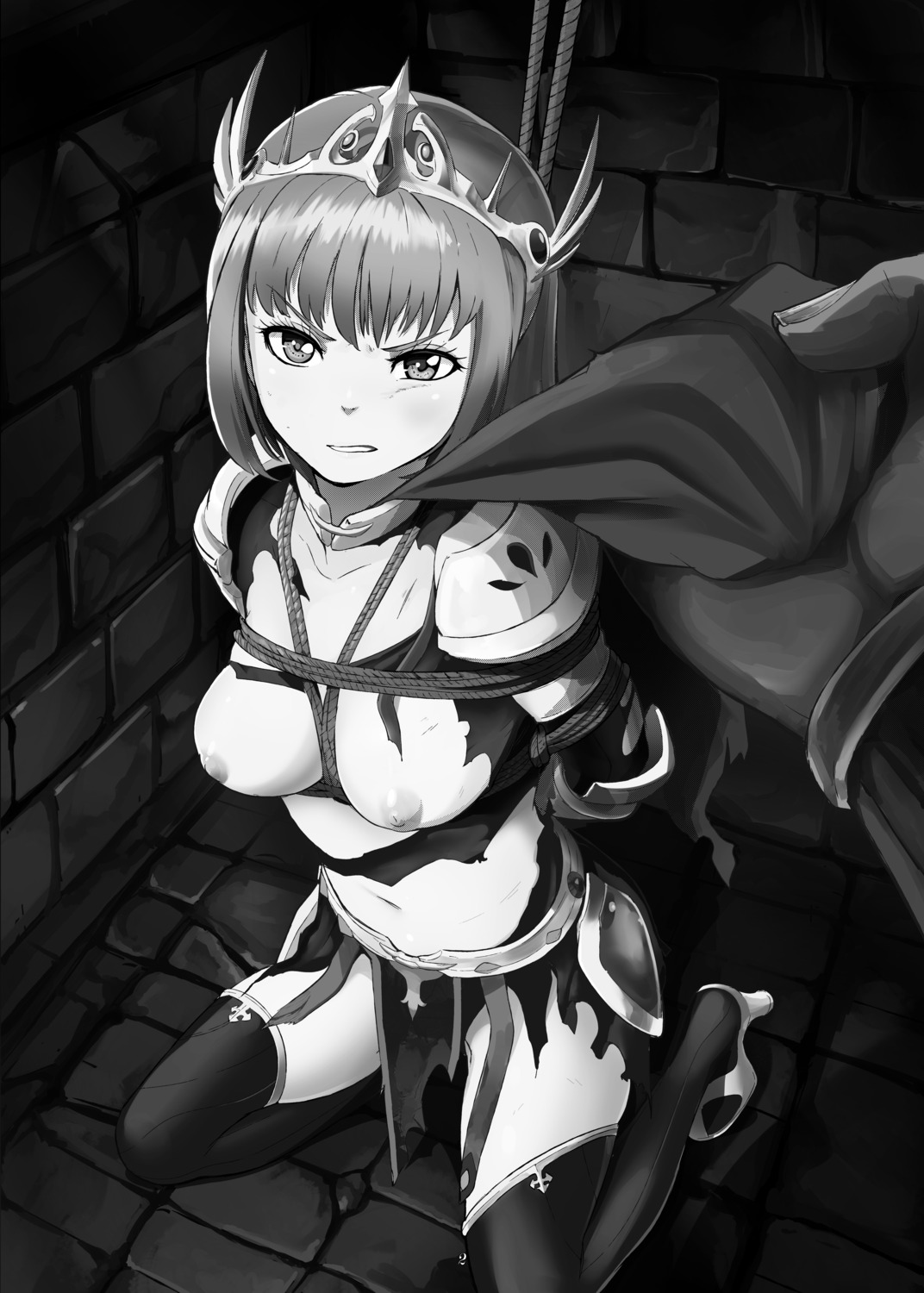 armor bondage breasts heels monochrome nipples no_bra sharpffffff thighhighs torn_clothes