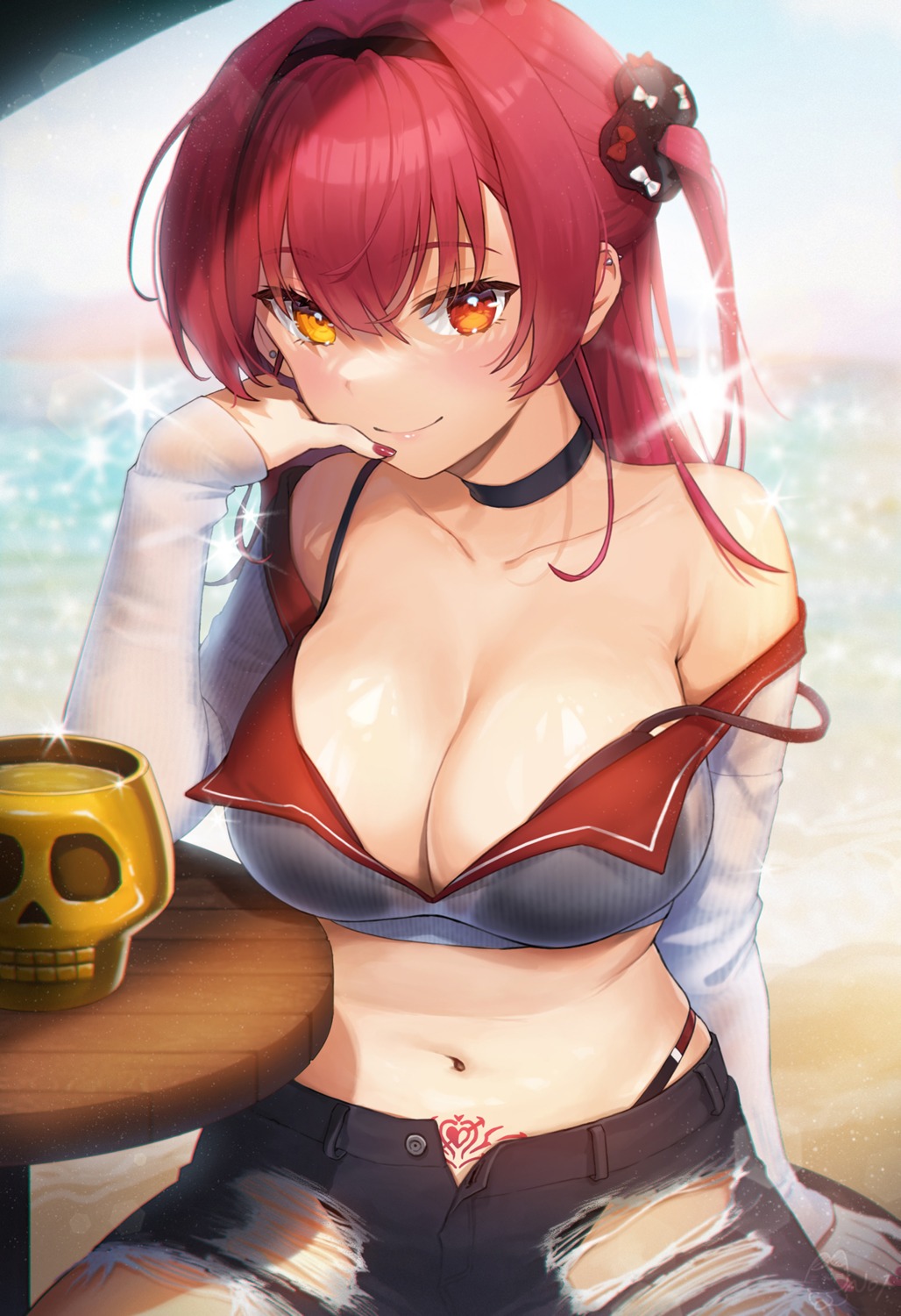 bikini heterochromia hololive houshou_marine noixen open_shirt see_through swimsuits tattoo torn_clothes wardrobe_malfunction wet_clothes