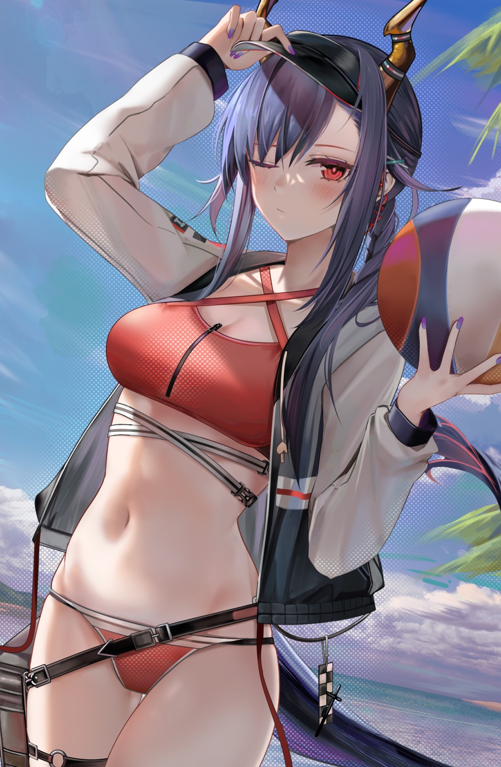 arknights bikini ch'en_(arknights) cleavage garter horns open_shirt ru_zhai swimsuits tail