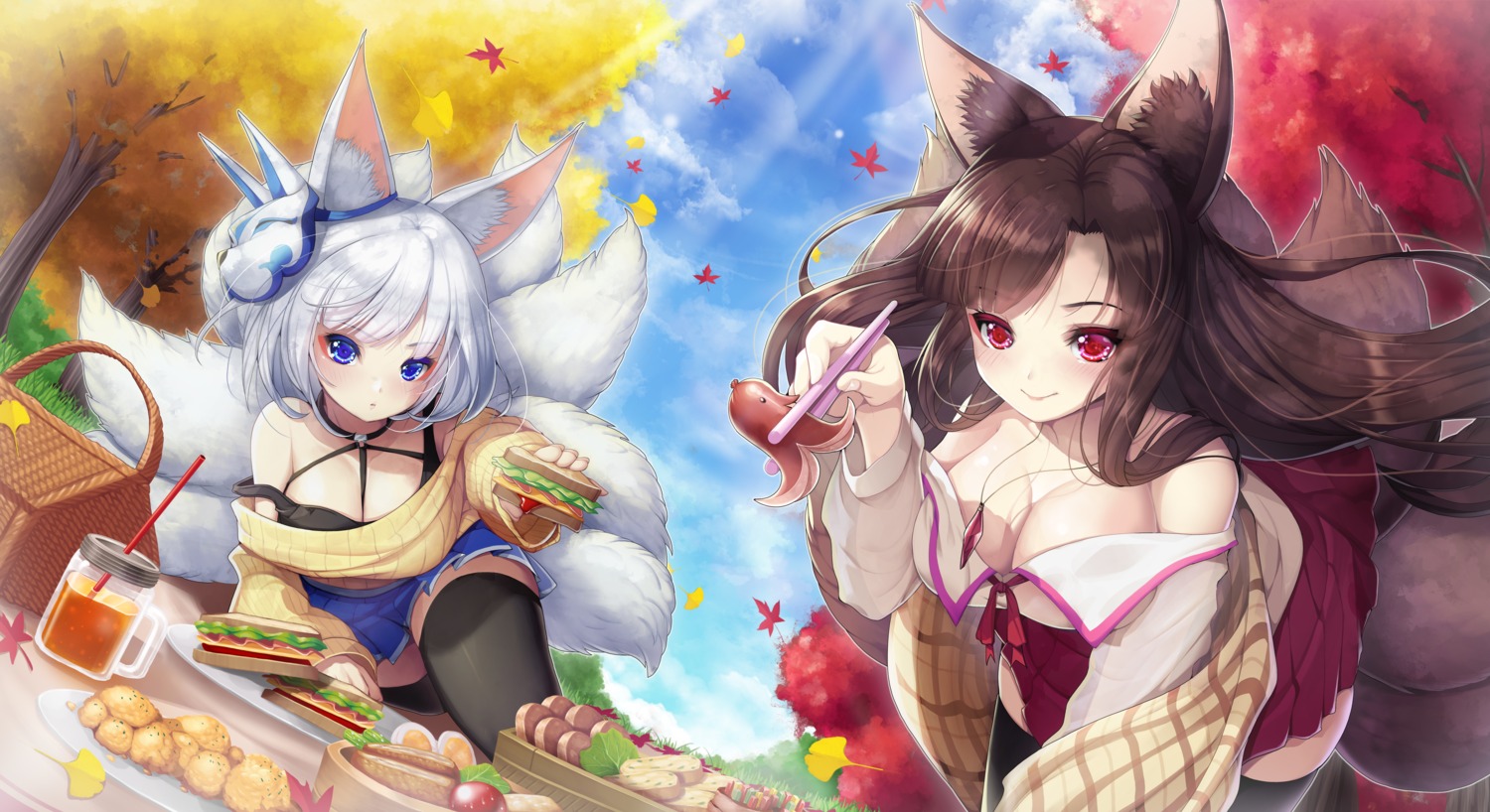 akagi_(azur_lane) animal_ears azur_lane kaga_(azur_lane) kitsune koflif no_bra open_shirt skirt_lift sweater tail thighhighs