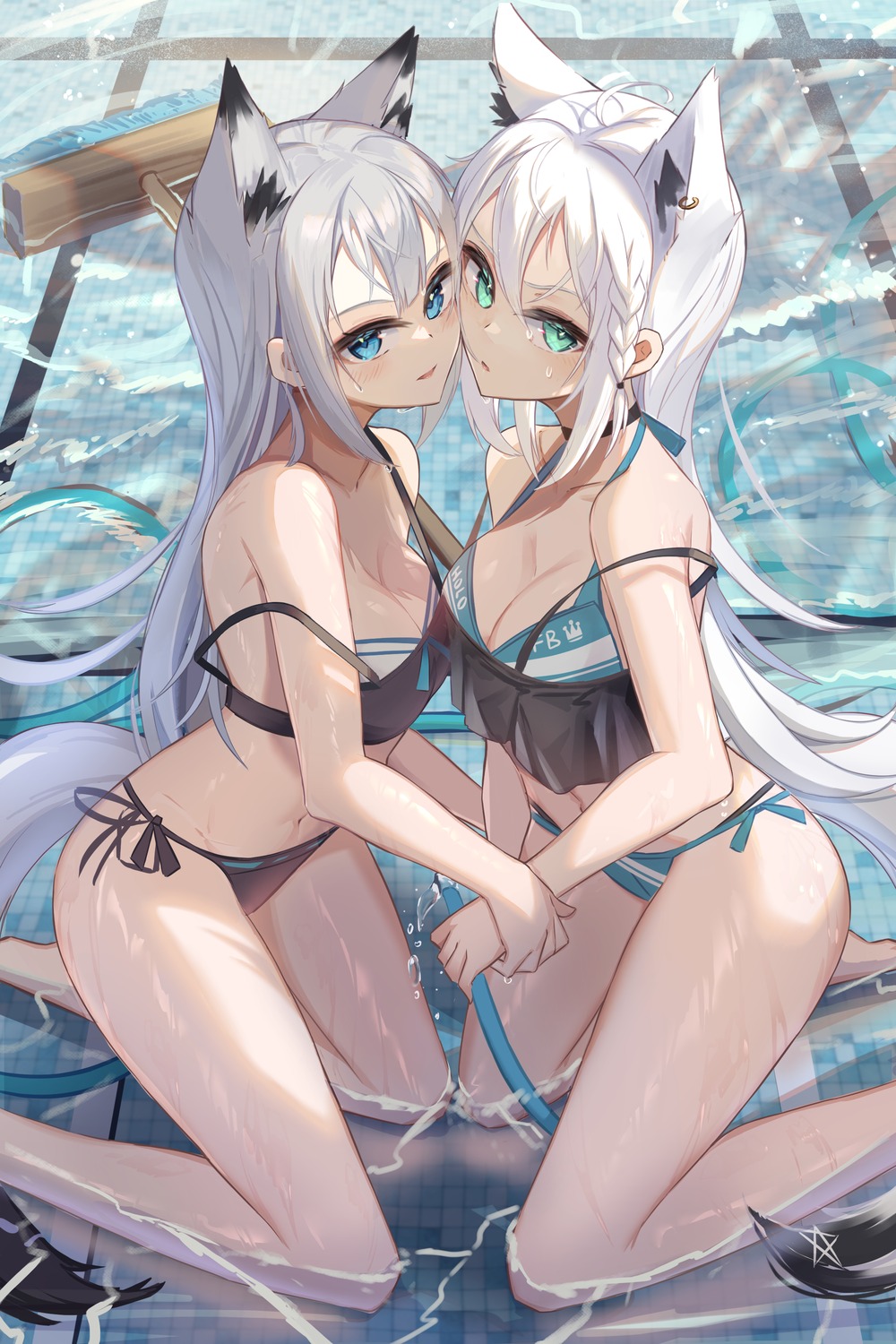 animal_ears azur_lane bikini crossover hololive hololive_gamers kawakaze_(azur_lane) kitabana kitsune shirakami_fubuki swimsuits symmetrical_docking tail wet yuri