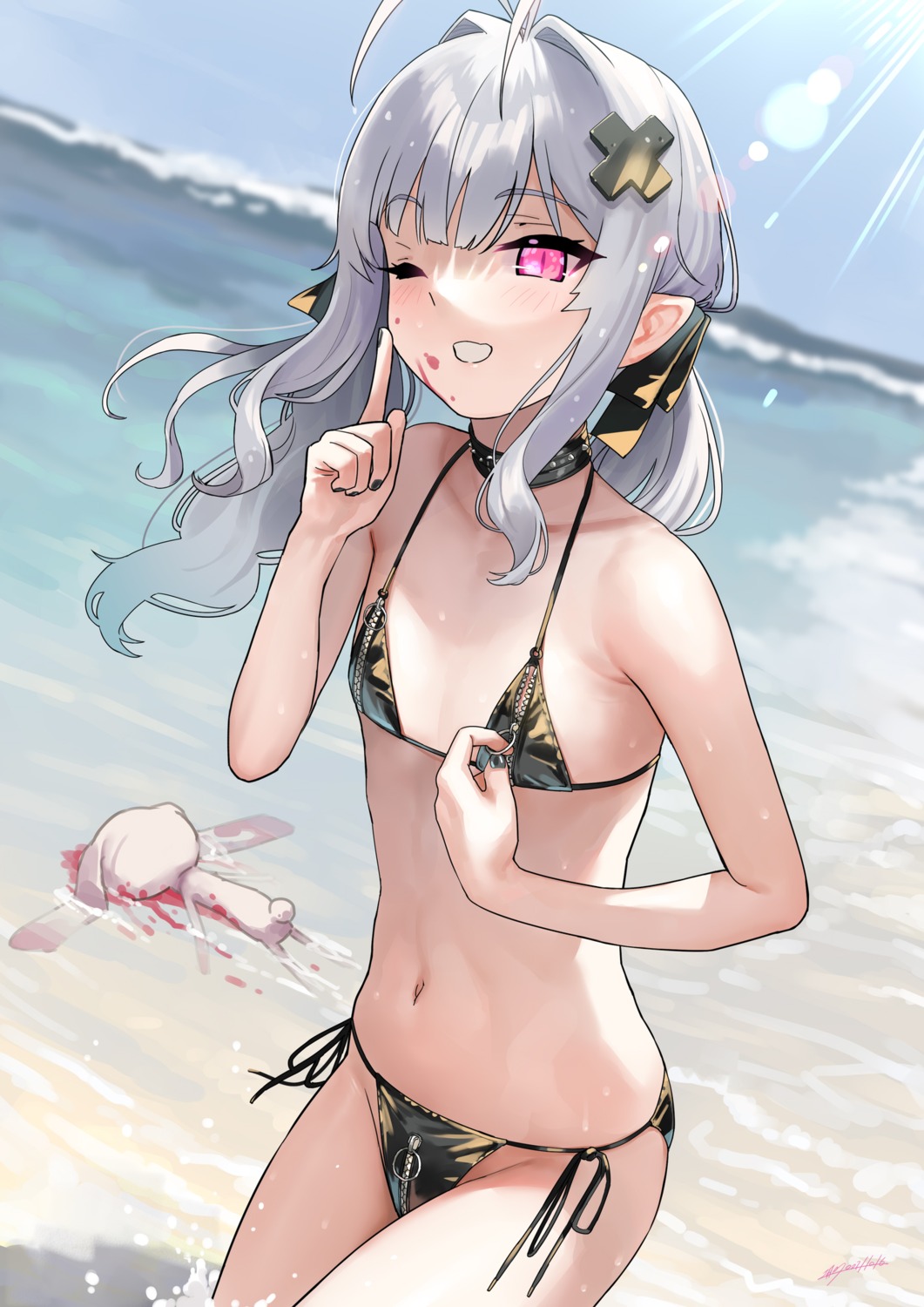 bikini blood kaedeko_(kaedelic) pointy_ears swimsuits wet