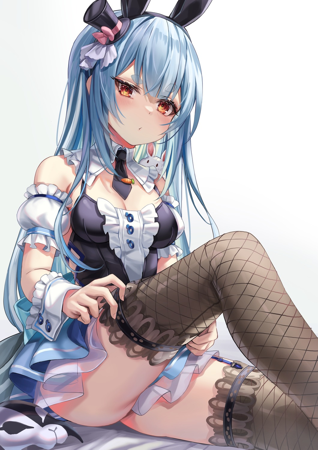 akami770 animal_ears bunny_ears fishnets hololive see_through skirt_lift thighhighs usada_pekora