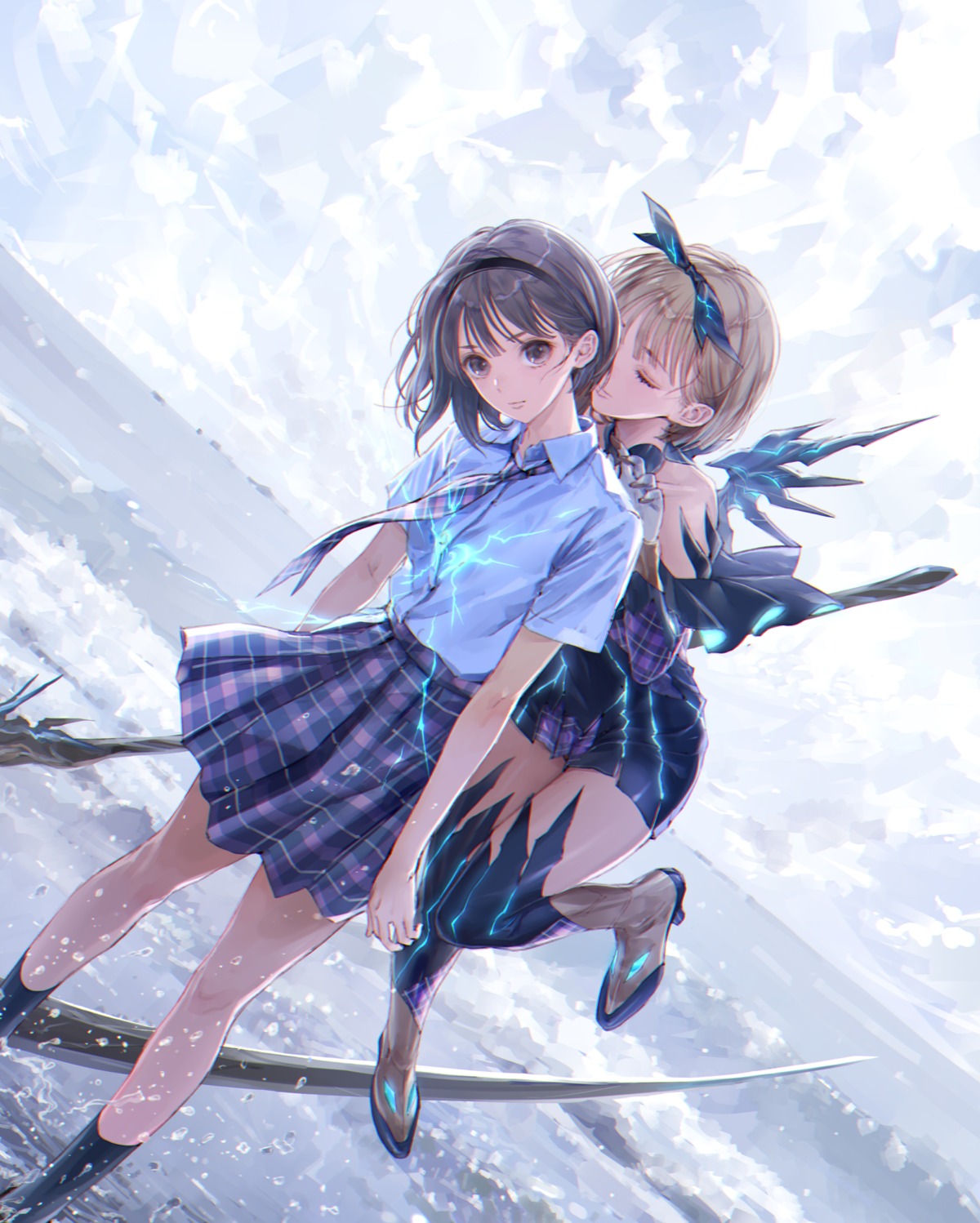 blue_reflection blue_reflection_tie dress heels hoshizaki_ao kishida_mel seifuku weapon wet wings