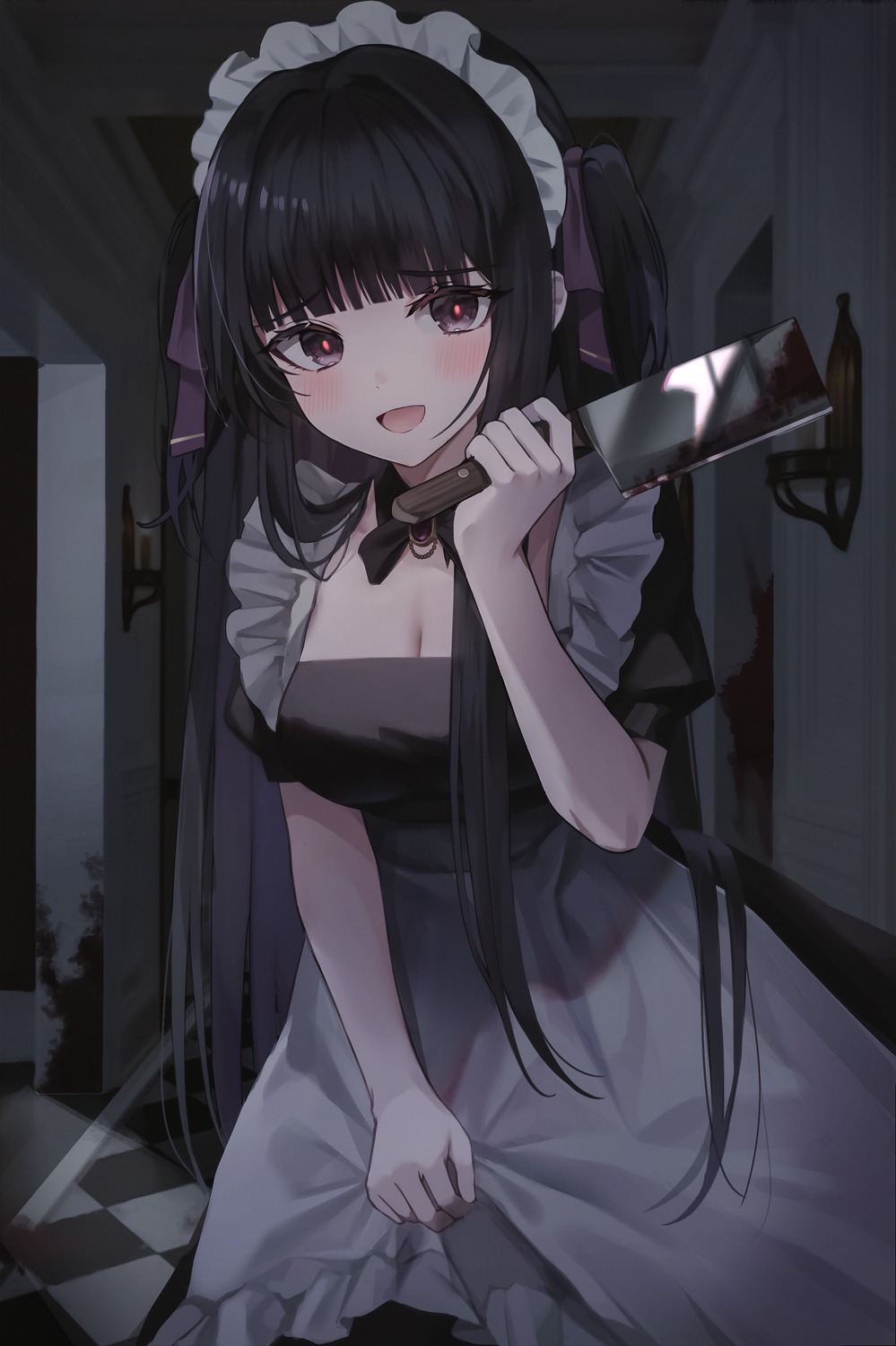 blood churi_(oxxchurixxo) cleavage maid weapon yandere