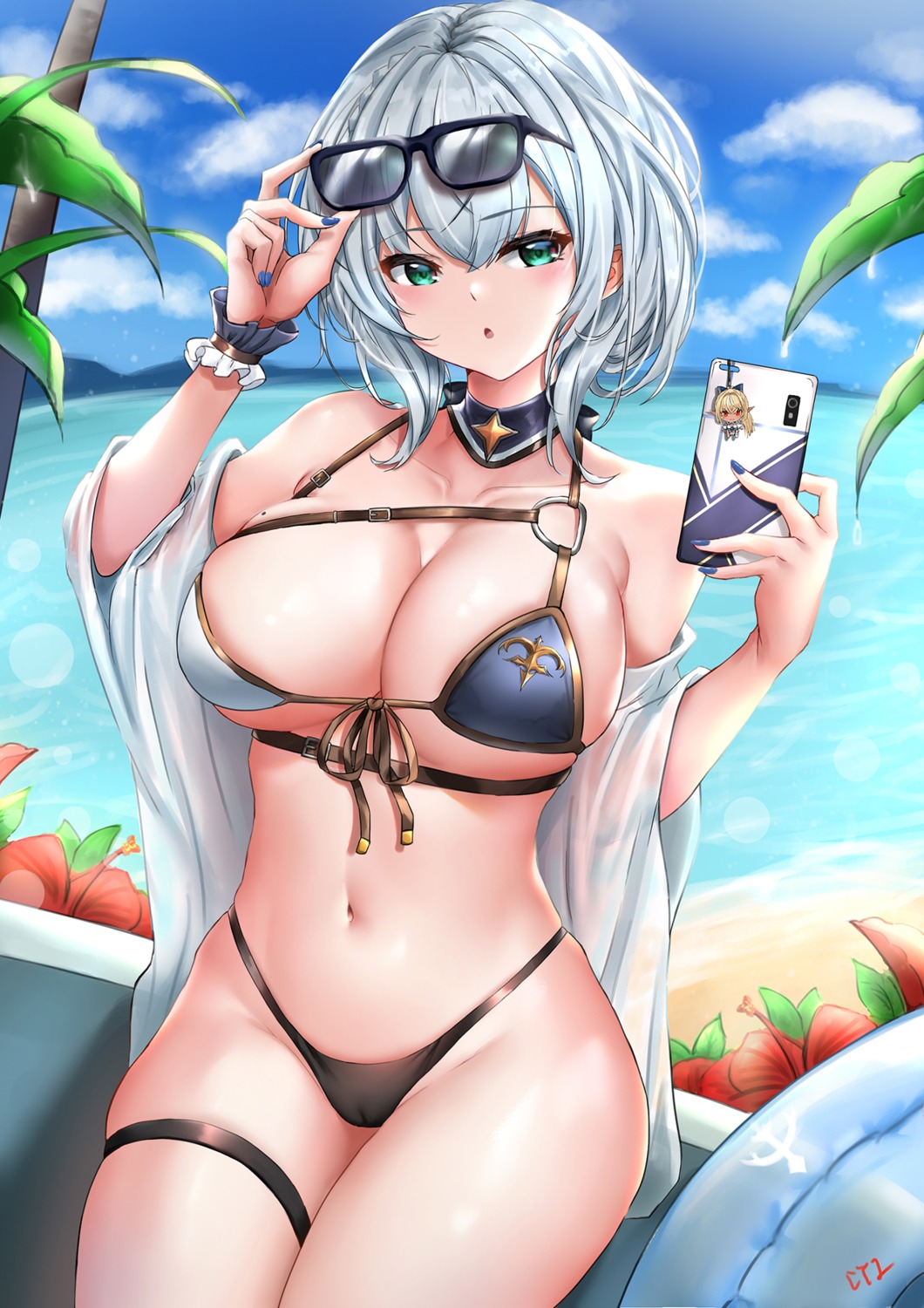 bikini cameltoe cyicheng garter hololive megane open_shirt see_through shirogane_noel swimsuits