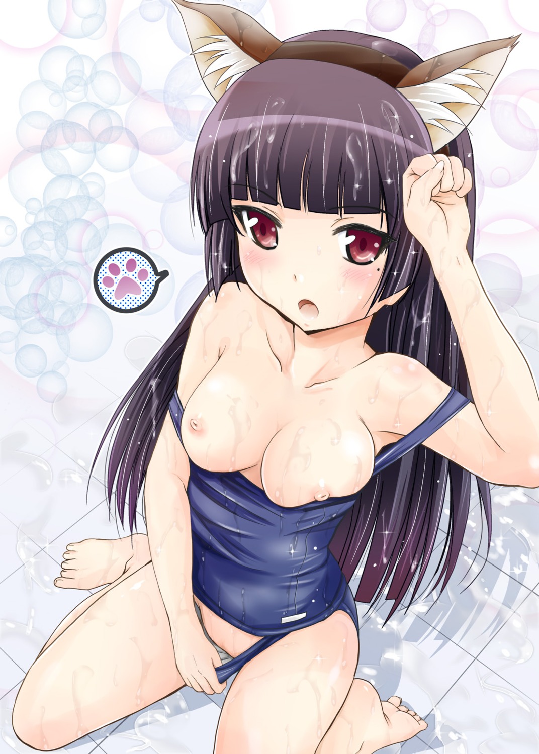 animal_ears arino_hiroshi breasts gokou_ruri nekomimi nipples ore_no_imouto_ga_konnani_kawaii_wake_ga_nai panty_pull school_swimsuit swimsuits wet