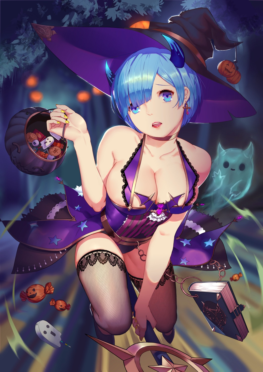 cleavage fishnets halloween horns marchtl7 re_zero_kara_hajimeru_isekai_seikatsu rem_(re_zero) thighhighs witch