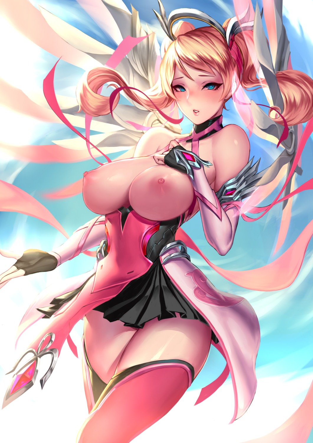 breasts cianyo mercy_(overwatch) nipples no_bra nopan overwatch pussy thighhighs uncensored wings