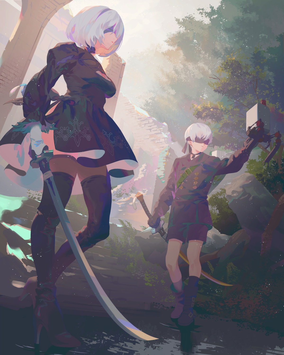 dress fajyobore heels nier_automata sword thighhighs yorha_no.2_type_b yorha_no._9_type_s