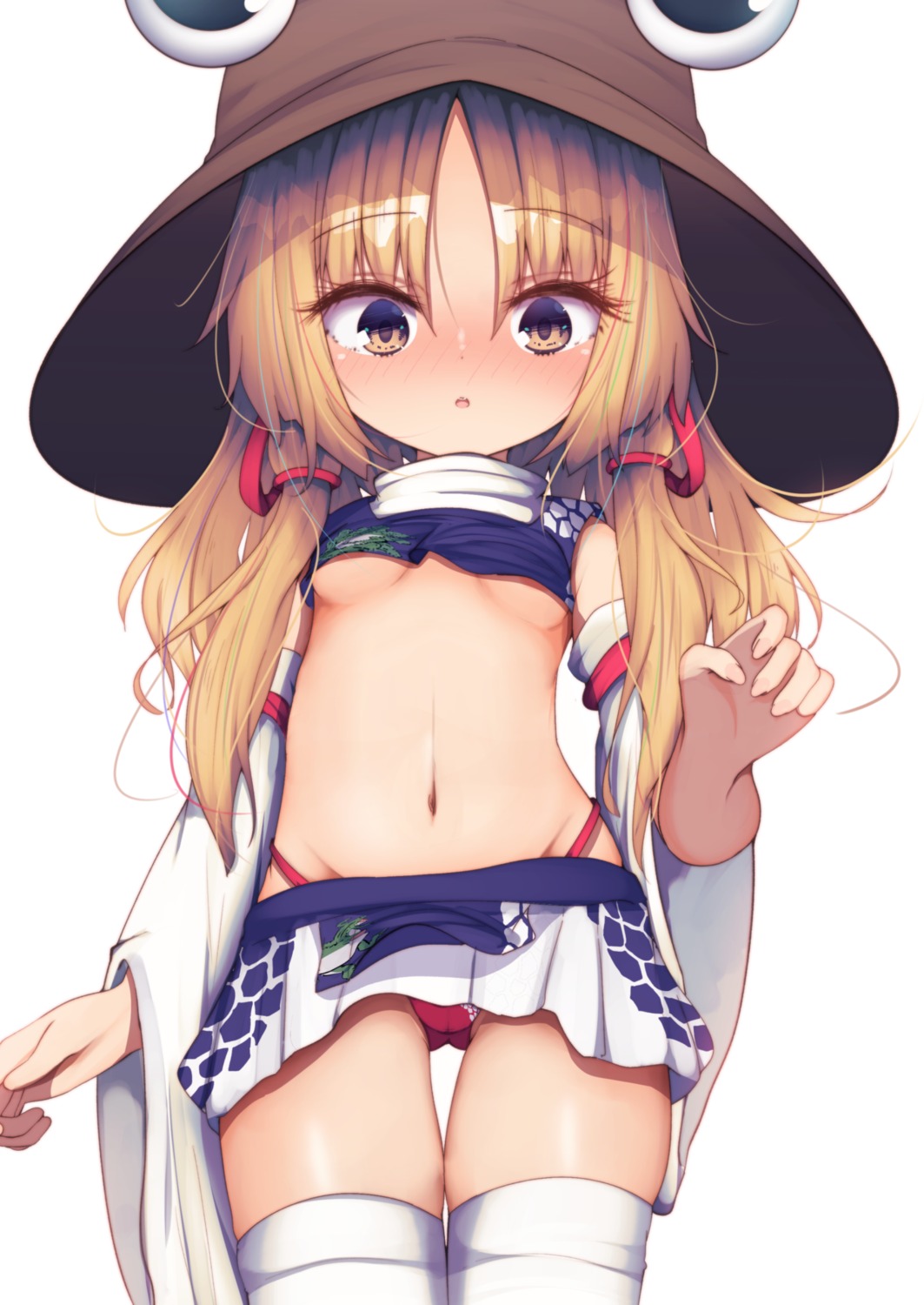 cameltoe darumoon loli moriya_suwako no_bra pantsu shirt_lift skirt_lift thighhighs touhou